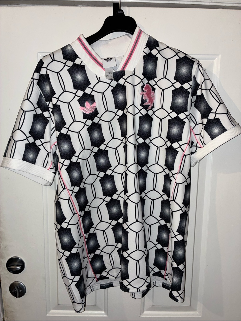 adidas Men’s White & Black Geometric Short-Sleeve Jersey with Pink Accents